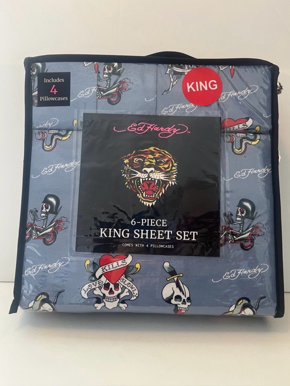 Ed Hardy Blue 6 Piece King Size Sheet Set Motorcycles Skulls Love Kills Slowly